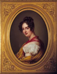 Retrato de uma jovem mulher com um colar vermelho. Pintura anónima da escola francesa