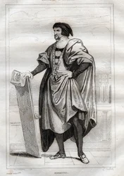 Retrato do pintor italiano Masaccio (Tommaso di Giovanni Cassai) (1401-1428) - Gravura de "Itália Pitoresca" - Pintura Histórica e Descritiva da Itália" de M. de Norvins, Ch. Nodier 1834-1836.