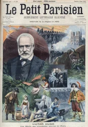 Retrato do escritor francês Victor Hugo (1802-1885) com ilustrações de suas principais obras. Gravura em " Le petit Parisien" (Le petit Parisien)