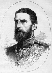 Retrato do príncipe da Roménia Charles de Hoenzolern Sigmaringer (1839-1914), futuro rei com o nome de Carlos I (Carol I). Gravura em "Le Monde Illustré" n°1054 de 23 de Junho de 1877.