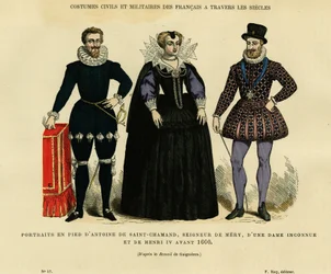 Retratos anteriores a 1600, de Antoine de Saint Chamand, senhor de Mery sur Oise, e do rei de França Henrique IV (1553-1610), em torno de uma mulher desconhecida. Gravura a cores segundo o desenho de Gaignieres, em "France et les francais à travers les sie