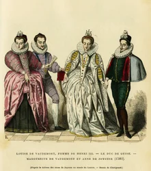 Retratos em 1581, de Louise de Vaudemont (1553-1601), Rainha de França, esposa de Henrique III (1551-1589), do terceiro Duque de Guise, Henri I, conhecido como Balafre (1549-1588), de Margarida de Lorena (1564-1625), filha do Conde de Vaudemont (Nicolau