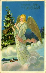 Postal, saudações de Natal: anjo com trombeta sobre as nuvens. Início do século XX.