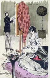 Cartão postal retratando um pintor de retratos da moda no trabalho, 1910