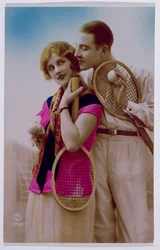 Postal retratando amantes em uma quadra de tênis, c.1930