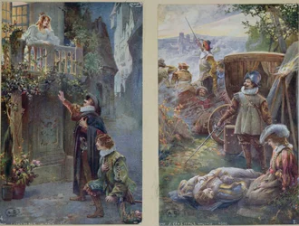 Cartões postais representando Cyrano de Bergerac com Roxanne e a morte de Christian, c.1900