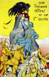 Poster "" Um último esforço e nós o teremos": aliados (França, EUA, Rússia, etc...) alcançando o topo de uma rocha empoleirada pela águia alemã. Lithograhie 1917.