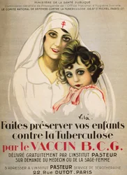Poster "Proteja os seus filhos contra a tuberculose pela Vacina B.C.G. emitida gratuitamente pelo Institut Pasteur a pedido do médico ou da parteira", por Vilà 1917
