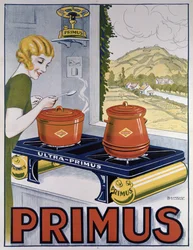 Cartaz publicitário da placa Primus, impresso por Dampenon & Elarue