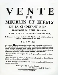 Cartaz publicitando a venda dos móveis e efeitos de Marie-Antoinette no dia 25 de Agosto