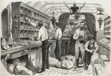Posts: interieur du bureau ambulant - Gravação em "Tableau-de-Paris" por Edmond Texier 1852