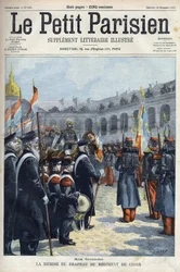 Apresentação da bandeira do Regimento da China pelo General Faure Biguet (Faure-Biguet) ao General Arnoux governador nos Inválidos em Paris, em " Le petit Parisien" 1901 (gravura)