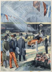 Presidente da República da França Emile Loubet (1838-1929) tem a exposição de álcool industrial na galeria de máquinas do Champ de Mars (Champs-de-Mars) em Paris, em "Le Petit Parisien".