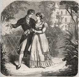 Princesa de Gales Carolina de Brunswick (1768-1821) caminhando com seu amante, Bartolomeo Bergami. Gravura de 1871 em "Histoire Des Cocus Celebres" de Henry de Kock (1819-1892).
