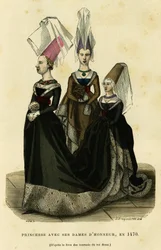 Princesa com as suas damas de honor, cerca de 1470. Gravura a cores segundo o livro dos torneios do rei René, em "France et les francais a travers les siecles" de Augustin Challamel, editor F.Roy, Paris 1882. Coleção Selva.