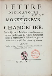 Carta dedicatória impressa sobre a invenção da máquina de calcular por Blaise Pascal (1623-62) 1645
