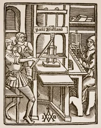 Imprensa, página de título de Hegesippus, impresso por Jodocus Badius Ascensius, Paris, 1511 (foto sépia)