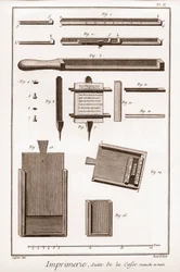 Impressão: continuação da caixa, utensílios e ferramentas - "The Grande Encyclopedie, ou Dictionnaire Raisonne des Sciences, des Arts et des Metiers" (Enciclopédia ou Dicionário das Ciências, Artes e Profissões) de Denis Diderot (1713-1784) e Jean d