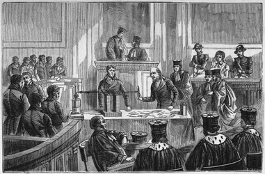 Julgamento de Marie Fortunée Capelle (1816-1852), conhecida como Marie Lafarge, criminosa francesa condenada pelo assassinato do marido em 1840 - Gravura em “Sciences à la portée de tous - physique et chimie” de Alexis Clerc - Finais do século XIX