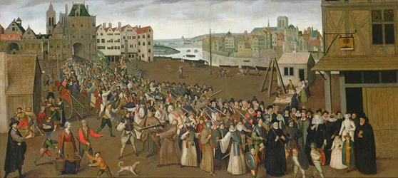 Procissão da Santa Liga na Place de Grève, deixando o Arco de Saint-Jean, Paris, 1590-3