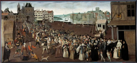 Procissão da Liga na Place de Greve deixando a Arcada de Saint Jean em Paris Pintura da École francaise. 1590 Sol. 1x2,12 m Paris, Musee Carnavalet - Procissão da Liga na Place de Greve deixando a Arcada de Saint Jean em Paris. Pintura de