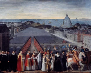 Procissão da compota parisiense dos pelerins de Saint Michel du Mont sur le Pont Neuf Anonymous pintura. Século XVII. Dim 0,80 x 1,05 m Paris, Musee Carnavalet