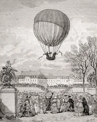 O Professor Jacques Charles e Nicolas-Louis Robert pilotam o primeiro balão de hidrogénio tripulado do mundo em 1 de Dezembro de 1783 nos Jardins de Tuilleries, Paris, do 