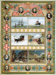O progresso durante o reinado da rainha Vitória (1819-1901). Veleiros, navios a vapor, comboio a vapor e iluminação pública a gás e elétrica, 1887