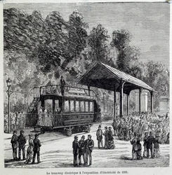 Progresso no transporte: o bonde elétrico exibiu eletricidade em 1881. Gravura do século XIX