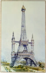 Projeto de modificação da Torre Eiffel para a exposição de 1900 (maio de 1896). Gravação a partir de 1896. Paris, Arquivo Nacional