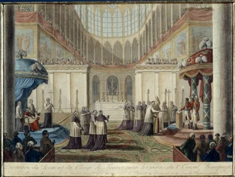 Promulgação da Concordata de 1801: juramento do porteiro da França nas mãos do 1º Cônsul Bonaparte, na presença do legatário de Sua Santidade na Igreja Metropolitana de Paris no 22º ano germinal 10, dia de Páscoa 8 de Abril de 1802