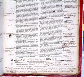 Página de provas com correções de uma edição do dicionário da Academia Francesa (tinta sobre papel) (detalhe de 179941)