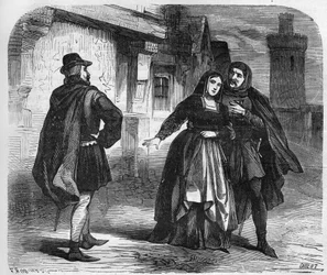 Prostituição na Idade Média: as meninas da alegria floresceram nas províncias como Paris. Gravação em "A história da prostituição e do deboche entre todos os povos do mundo desde a antiguidade até os dias de hoje" pelo Dr. Th. -F. Debray. 1879.