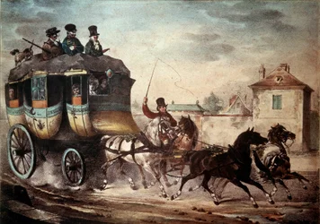 Transporte público: Diligência da linha entre Paris e Meaux. Ilustração de Villain em 1824. Compiegne, Museu do Château
