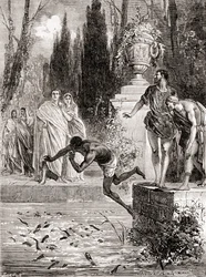Publius Vedius Pollio, equestre romano, alimentando um escravo de suas lampreias, de Les Merveilles de la Science, publicado por volta de 1870