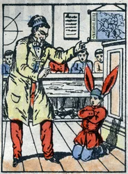 Castigo na escola: aluno castigado com um barrete de burro por falar com os colegas. Imagem de Épinal do final do século XIX.