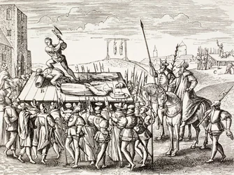 Punições decretadas pelo rei Henrique VIII contra os católicos ingleses, de "A vida militar e religiosa na Idade Média", de Paul Lacroix, publicado em Londres, c.