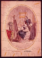 Peças de puzzle representando uma mulher pintando em um cavalete, c.1840-50 (cor litho)