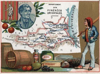Pyrenees Orientales (66), Languedoc-Roussillon, Languedoc Roussillon, França. Retrato de Dominique Francois Jean Arago (1786-1853). Especialidade local: Mel e Sardinhas. Série sobre os Departamentos franceses. Chromolitografia (Chromo) "o fio geográfico