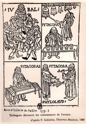 Pitágoras (c.580-500 aC) descobrindo as consonâncias da oitava, de Theorica Musicae, de Franchino Gaffurio, publicado pela primeira vez em 1480, de Revue de l&39;História do Teatro, 1959 (bw phot