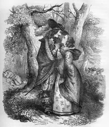 Rainha Sophie Dorothee de Zelle (1666-1726), esposa de George I da Inglaterra e do jovem Philip Christophe de Koenigsmark, em um momento de intimidade. Gravação em "A história da prostituição e do deboche entre todos os povos do mundo desde a antiguidade a