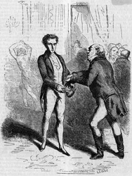 Rastignac dizzy deixa o homem de cabelo branco levar dez louis. Gravura de meados do século XIX. Ilustração para "O Pai Goriot" de Honore de Balzac (1799-1850).