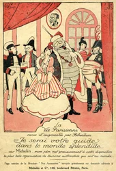 Recordação de 1914 para o pneu Michelin. La Vie Parisienne revista e aumentada por Bibendum: «Serei o vosso guia no mundo esplêndido, porque a Michelin, meu pai, vos oferece a mais bela organização de turismo automóvel do mundo.» Na parede, uma moldura com