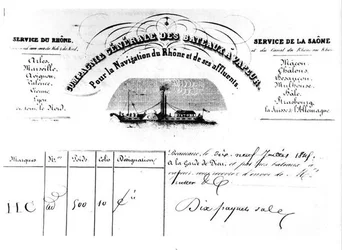 Recibo de mercadorias emitido pela Compagnie Generale des Bateaux Vapeur Pour la Navigation du Rhone e seus afluentes