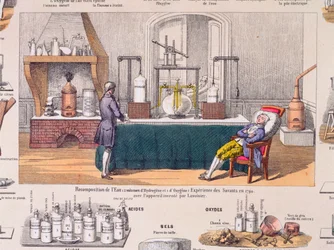 Recomposição de água de hidrogênio e oxigênio: Antoine Laurent de Lavoisier (1743-94) experimentando a respiração de um homem em repouso, ilustração de uma placa educacional, c.1860 (gravura a cores