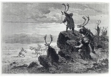 Caça às renas na idade da pedra, ilustração de LHomme Primitif, de Louis Figuier (1819-94), publicada por Hachette, 1870