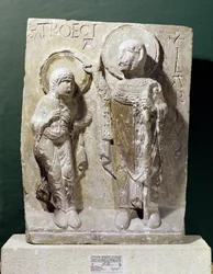Relevo retratando St. Hilary de Poitiers (320-368) bênção St. Triaise, c.1150