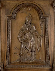Relevo retratando São Medardo (c.456-545) Bispo de Noyon, do púlpito (madeira)