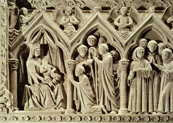 Relevo retratando a apresentação dos monges à Virgem por St. Etienne de Aubazine, do túmulo de St. Etienne