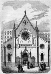 Arquitectura religiosa: vista da fachada do Templo para os americanos que vivem em Paris, rue de Berry, em 1857. Edifício construído pelo arquitecto Sr. Salmon. Gravura no "Le Monde Illustré" n°33 de 28 de Novembro de 1857.